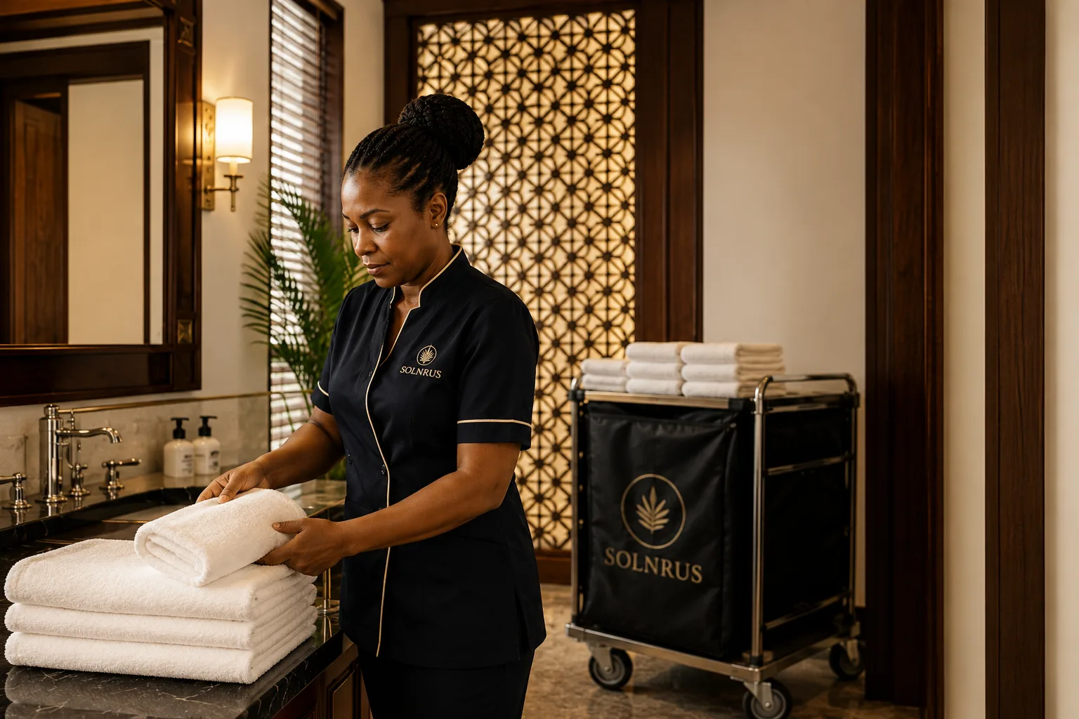 Housekeeper in SOLNRUS uniform carrying fresh white towels through a warm wood-panelled hotel room