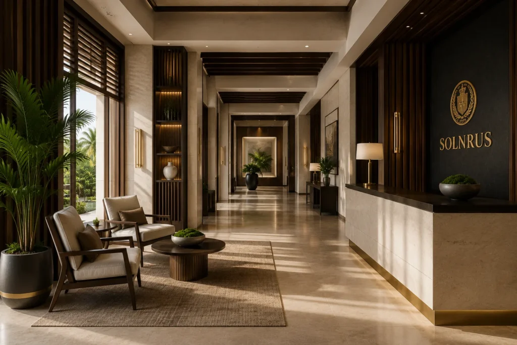 Hotel common area with polished floors, warm wood architecture and SOLNRUS service presence