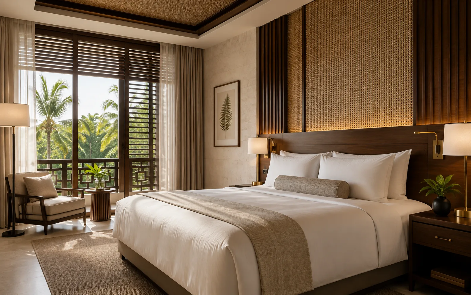 Prepared hotel guest room with a crisply made bed, dark wood screening, woven cane detail and warm natural daylight