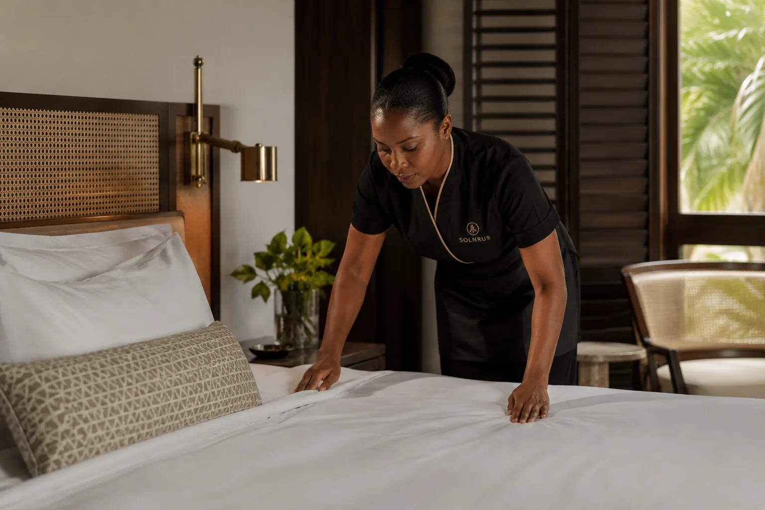 Housekeeper preparing a hotel guest room, smoothing fresh linen on the bed in warm daylight