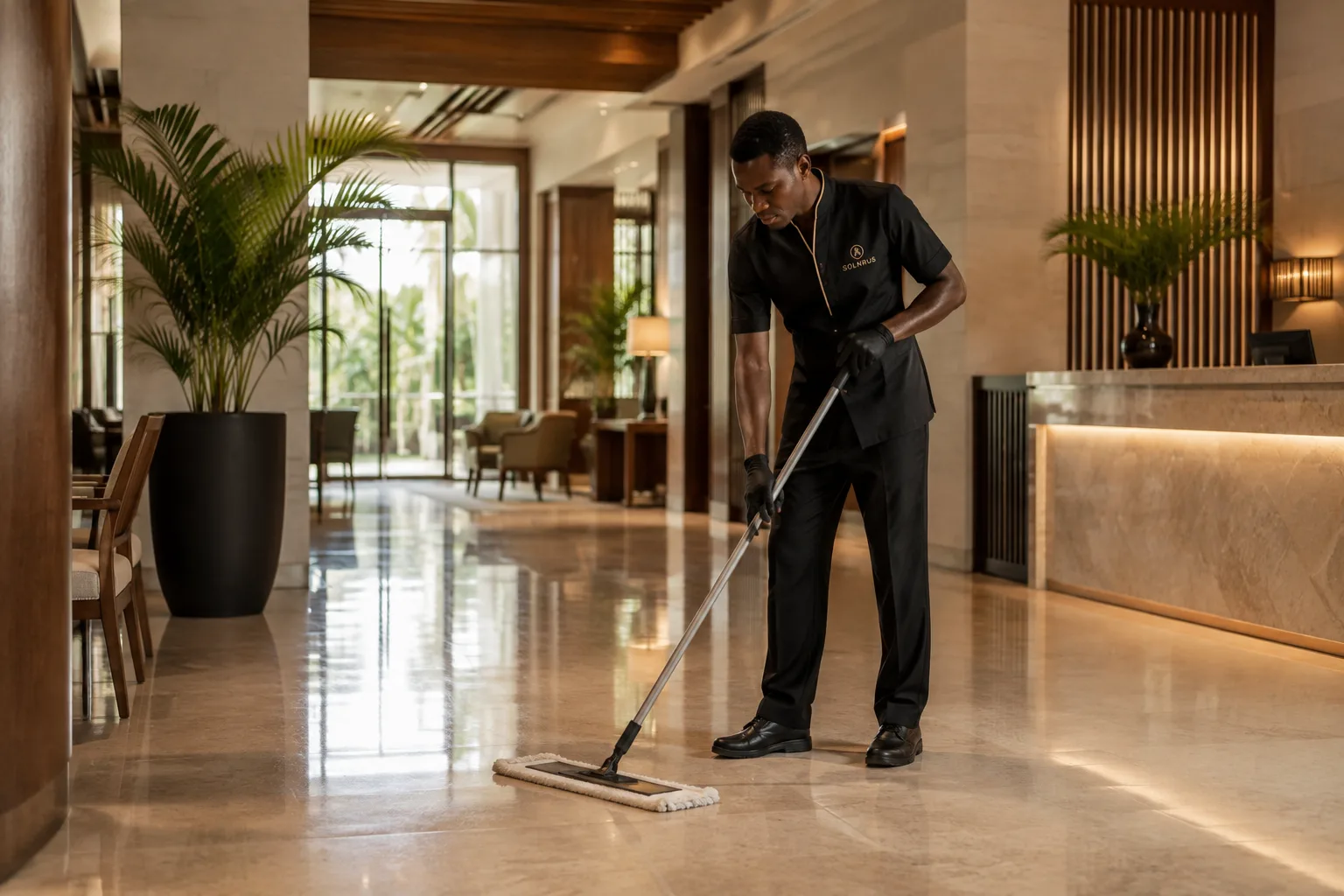 Janitorial team member maintaining a polished hotel lobby with warm wood architecture