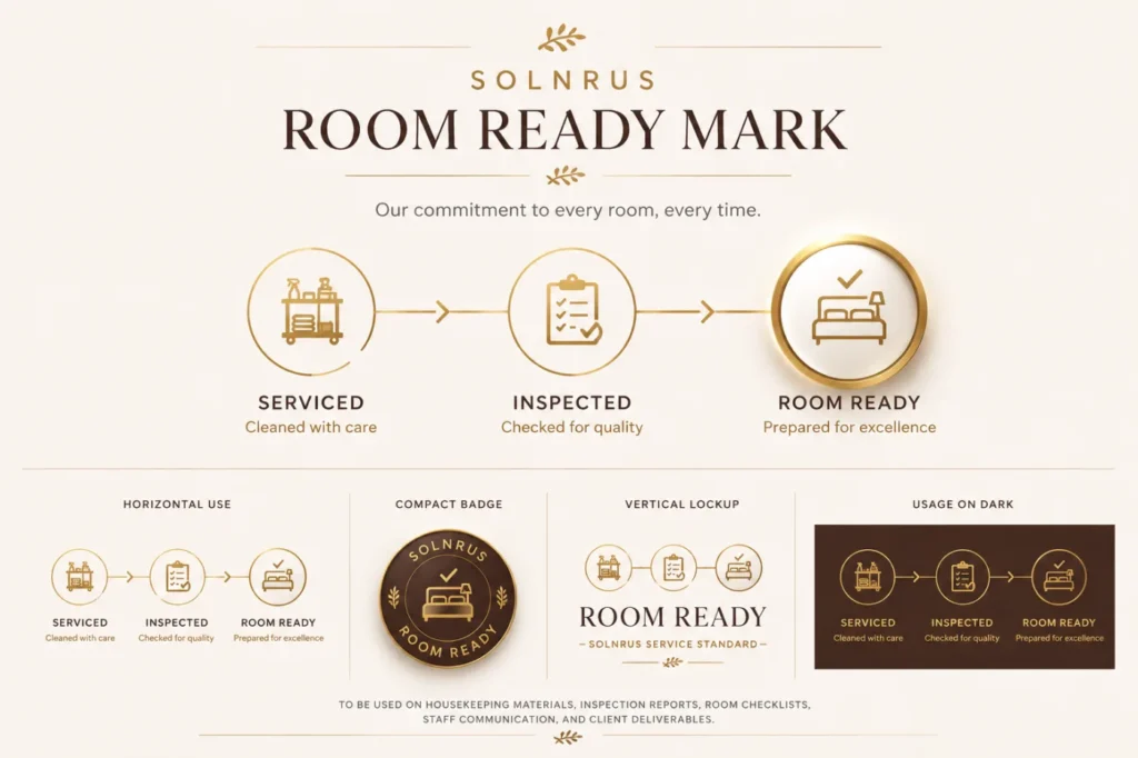 SOLNRUS Room Ready process graphic showing serviced, inspected, and room ready stages