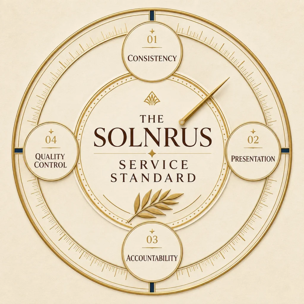 SOLNRUS Service Standard graphic representing consistency, presentation, accountability, and quality control