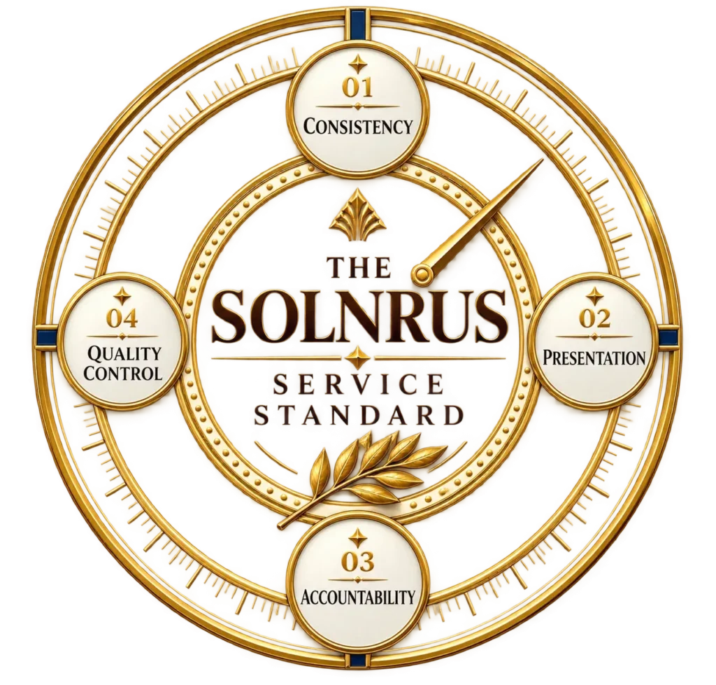 SOLNRUS Service Standard mark representing consistency, presentation, accountability, and quality control